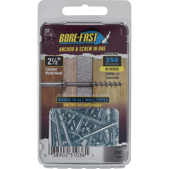 HILLMAN Bore-Fast 1/4 in. D X 2-1/2 in. L Steel Pan/Wafer Head Screw and Anchor 20 pk