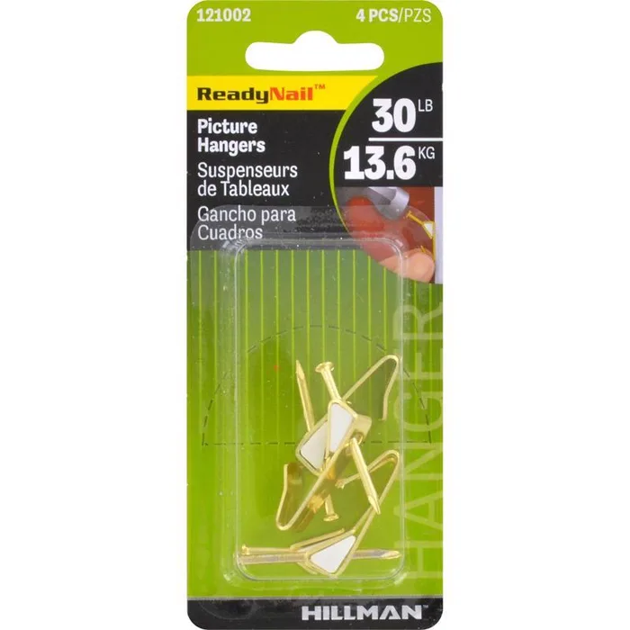 HILLMAN ReadyNail Polished Brass Gold Picture Hanger 30 lb 4 pc