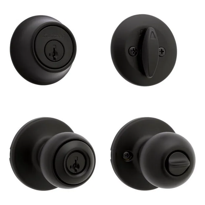 Kwikset Polo Traditional Matte Black Deadbolt and Entry Door Knob 1-3/4 in.