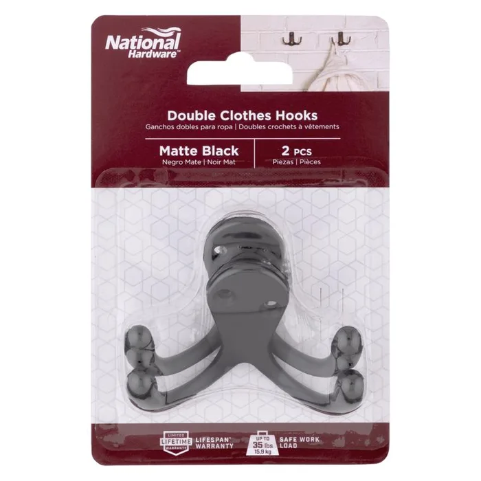 National Hardware Medium Matte Black Metal 2.88 in. L Double Hook 35 lb 2 pk (Pack of 5)