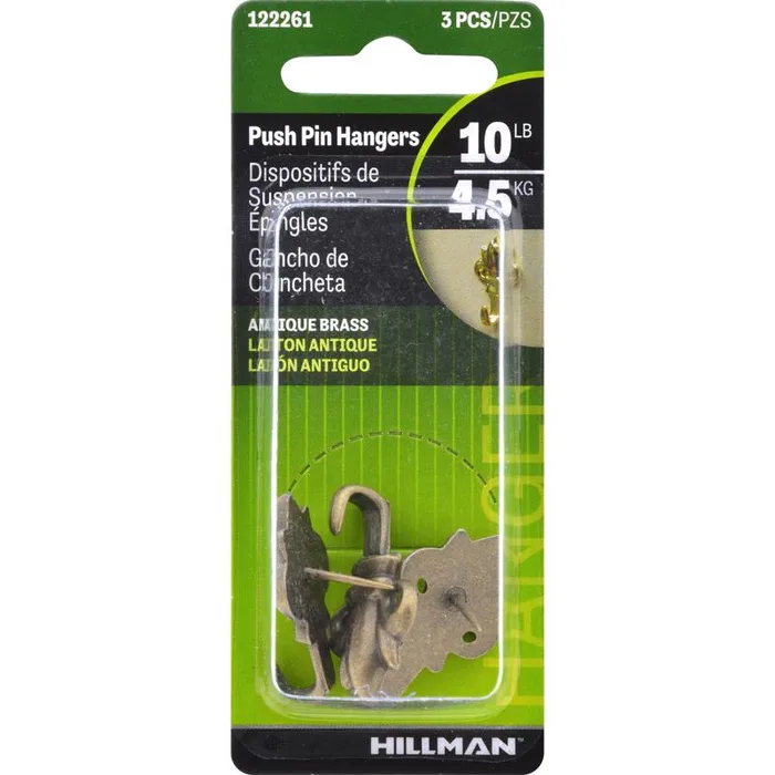 HILLMAN Antique Brass Push Pin Picture Hanger 10 lb 1 pk (Pack of 10)