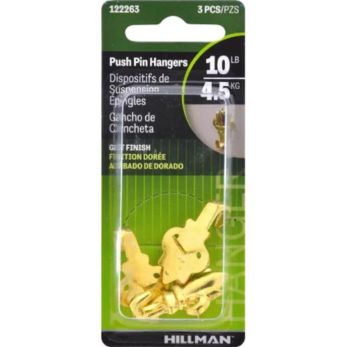 HILLMAN Brass-Plated Gold Push Pin Picture Hook 10 lb 1 pk (Pack of 10)