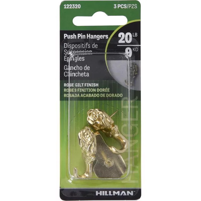 HILLMAN Gilt Gold Push Pin Picture Hook 20 lb 1 pk (Pack of 10)