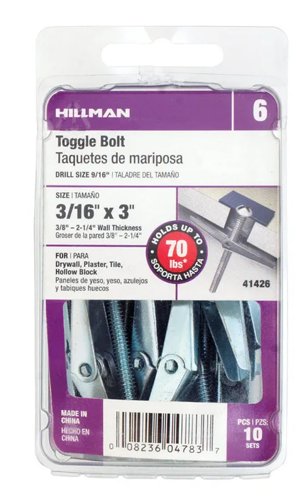 HILLMAN 3/16 in. D X 3 in. L Round Zinc-Plated Steel Toggle Bolt 10 pk (Pack of 5)