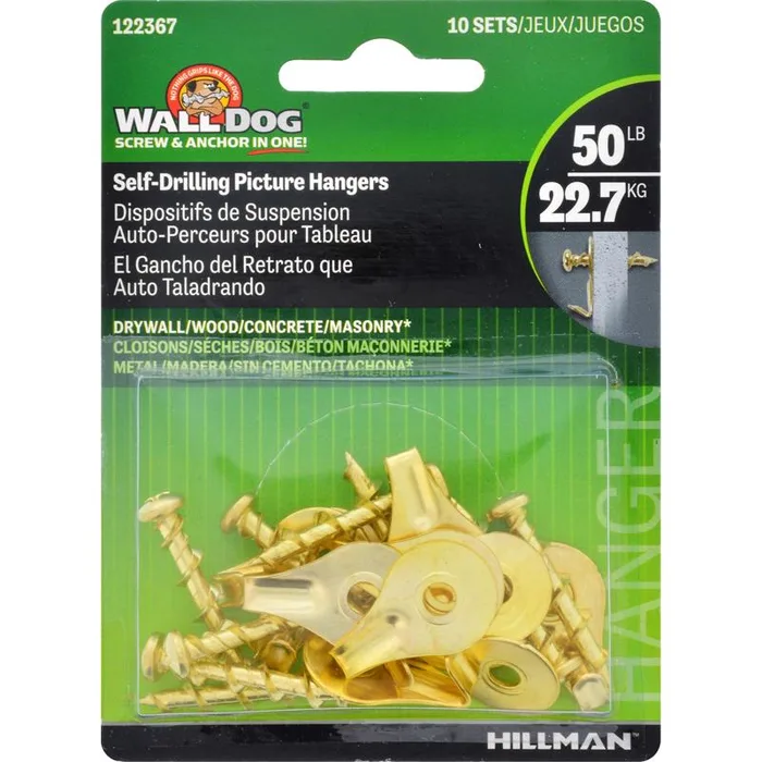 HILLMAN Wall Dog Brass-Plated Gold Self-Drilling Picture Hanger 50 lb 2 pk (Pack of 10)