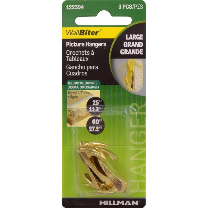 HILLMAN WallBiter Brass-Plated Gold Medium Picture Hanger 60 lb 1 pk (Pack of 10)