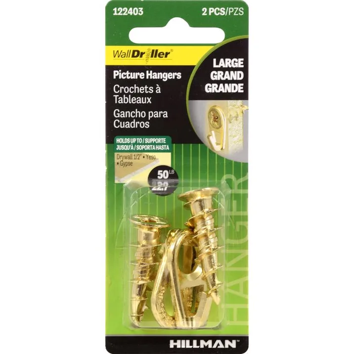HILLMAN Brass-Plated Gold Self-Drilling Picture Hanger 50 lb 2 pk (Pack of 10)