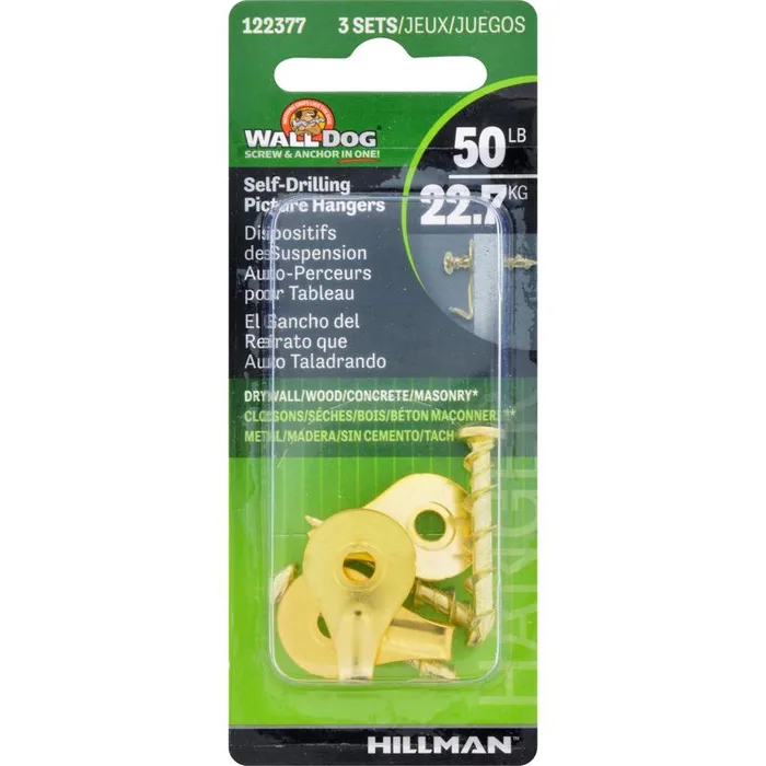 HILLMAN Wall Dog Brass-Plated Gold Self-Drilling Picture Hanger 50 lb 2 pk (Pack of 10)