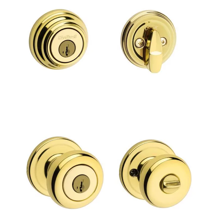 Kwikset SmartKey Juno Polished Brass Deadbolt and Entry Door Knob KW1 1-3/4 in.