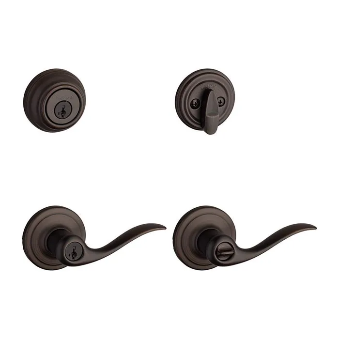 Kwikset SmartKey Tustin Venetian Bronze Entry Lever and Deadbolt Set KW1 1-3/4 in.