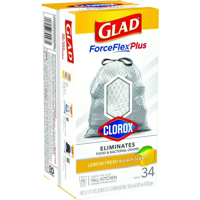 Glad Force Flex Plus 13 gal Lemon Tall Kitchen Bags Drawstring 34 pk (Pack of 6)