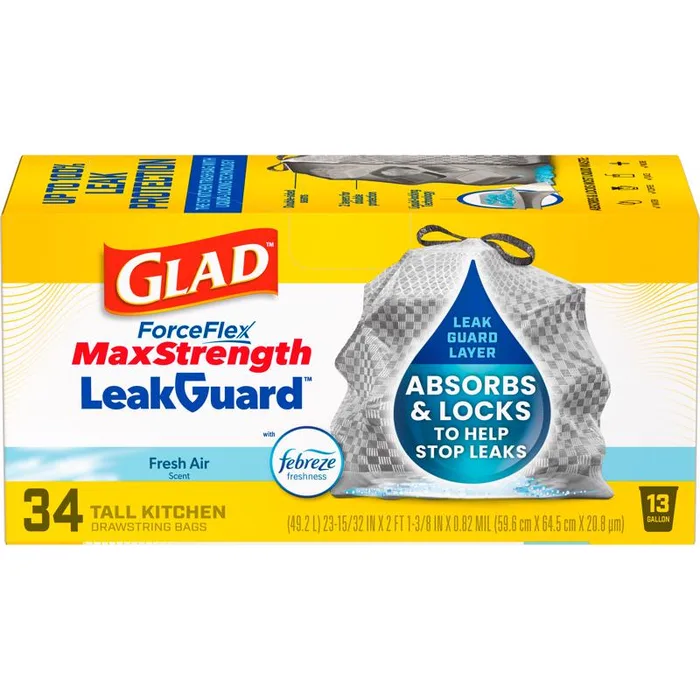 Glad LeakGuard 13 gal Fresh Kitchen Trash Bags Drawstring 34 pk (Pack of 6)