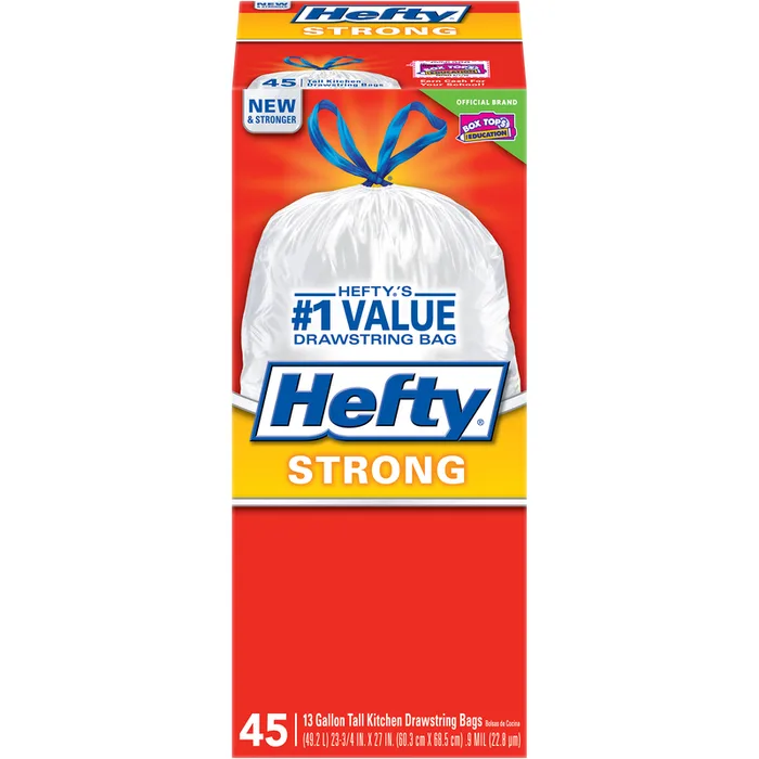 Hefty Strong 13 gal No Scent Kitchen Trash Bags Drawstring 45 pk (Pack of 6)