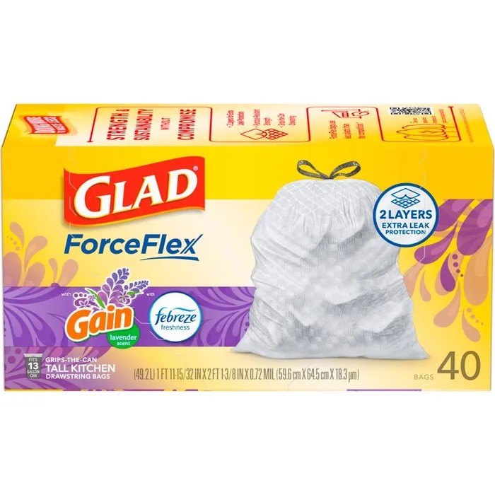 Glad ForceFlex 13 gal Lavender Tall Kitchen Bags Drawstring 40 pk (Pack of 6)