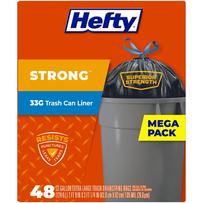 Hefty Extra Strong 33 gal No Scent Trash Can Liners Drawstring 48 pk (Pack of 3)