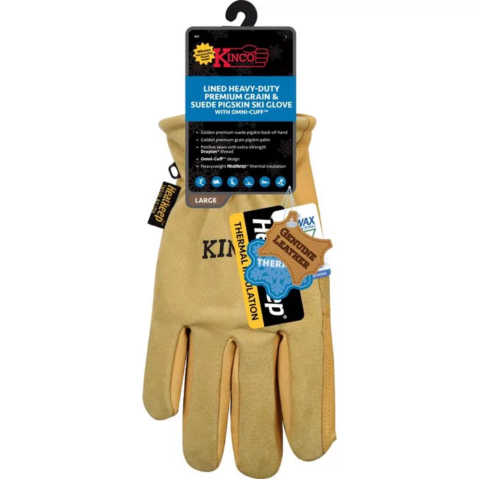 Kinco L Pigskin Leather Cold Weather Black/Gold Ski Gloves