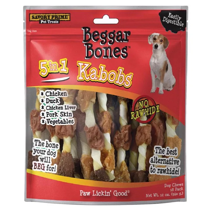 Savory Prime Beggar Bones Kabobs 5-in-1 Flavor Grain Free Chews For Dogs 8 in. 18 pk
