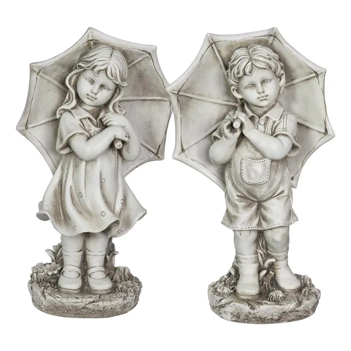 Exhart Resin Stone 18.7 in. Boy and Girl with Umbrella Statue (Pack of 2)
