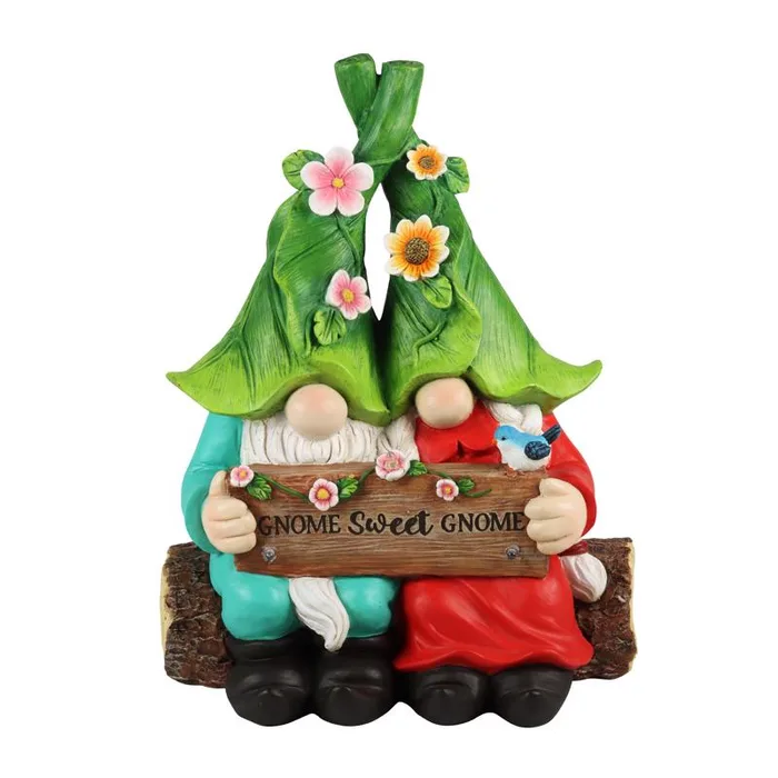 Exhart Multicolored Resin 13 in. H Gnome Couple w/Sign Solar Statue (Pack of 2)