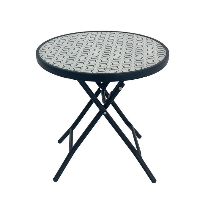 Living Accents Patterned Top Black Round Glass Folding Side Table (Pack of 4)
