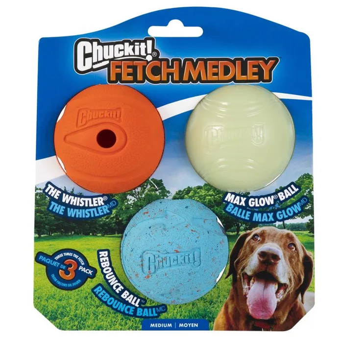 Chuckit! For Dog Assorted Rubber Glow, Whistler and Rebounce Bounce Ball Medium 3 pk