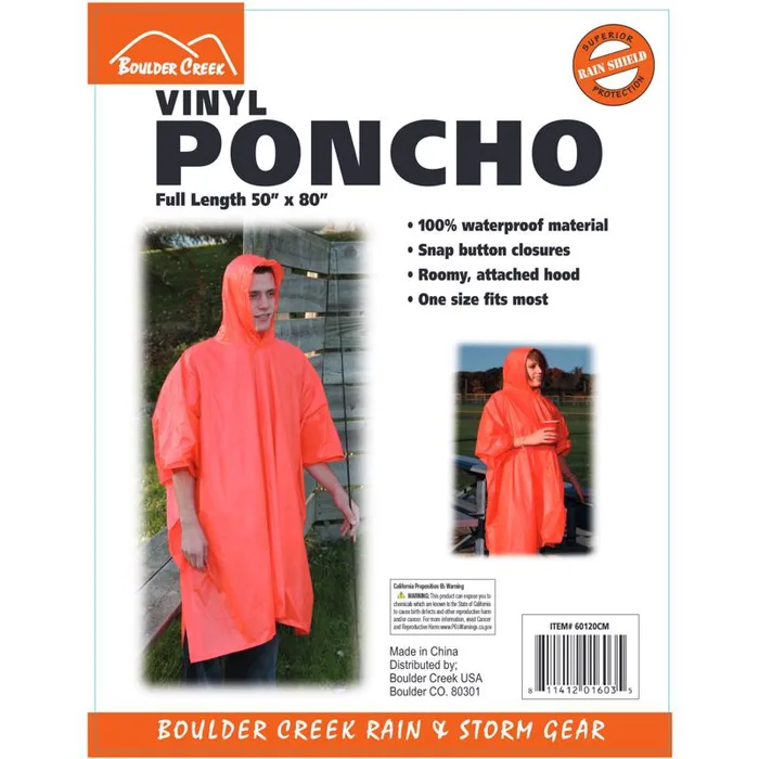 Boulder Creek Orange Vinyl Rain Poncho 10 mil