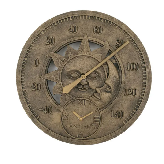 EZRead Sun & Moon Clock/Thermometer Polyresin Bronze 12 in. (Pack of 4)