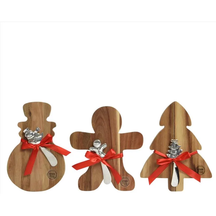 KitchenGoods Red Gingerbread Man/Snowman/Tree Acacia Cheese Boards 8.5 in. (Pack of 12)