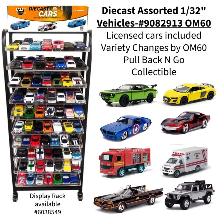 Diecast Pullback and Go 1/32" Collectible Licensed Assorted Vehicles Multicolored (Pack of 60)