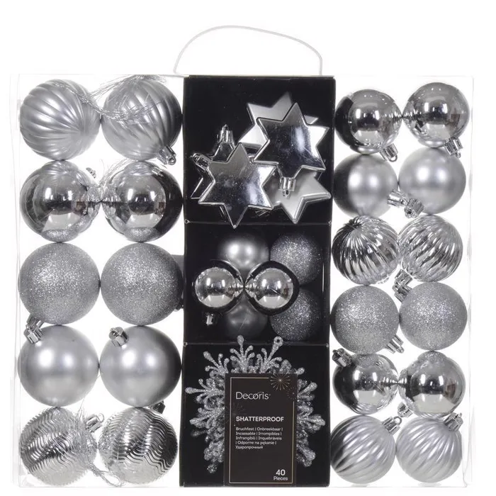 Decoris Silver Assorted Shatterproof Ornaments 2 in. (Pack of 12)