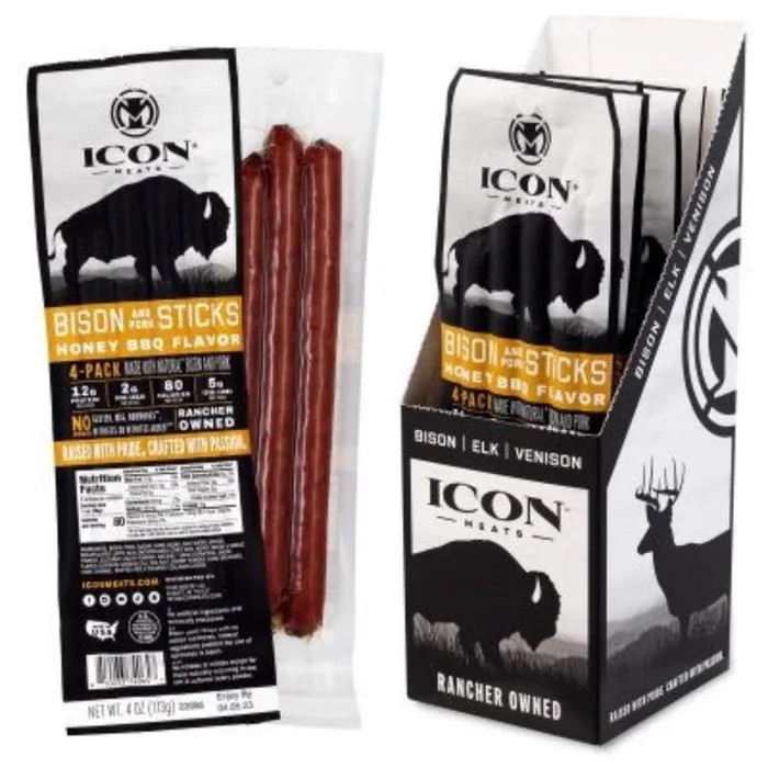 ICON Meats Bison & Pork Honey BBQ Sticks 4 oz Pouch (Pack of 6)