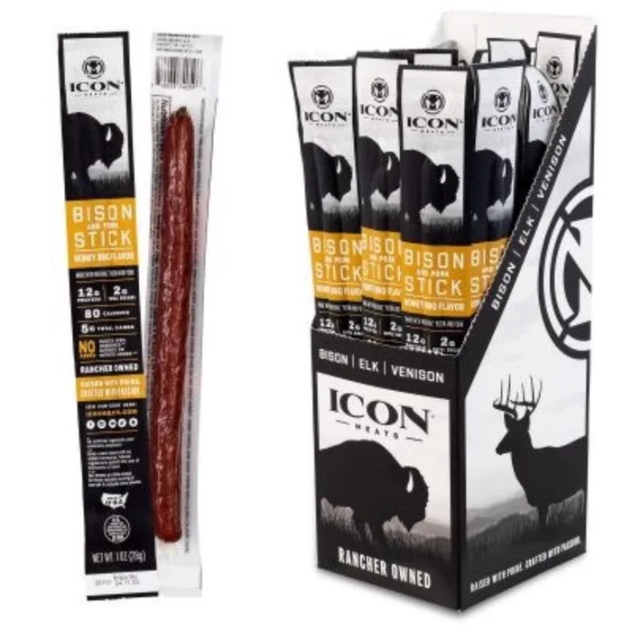 ICON Meats Bison & Pork Honey BBQ Sticks 1 oz Pouch (Pack of 24)