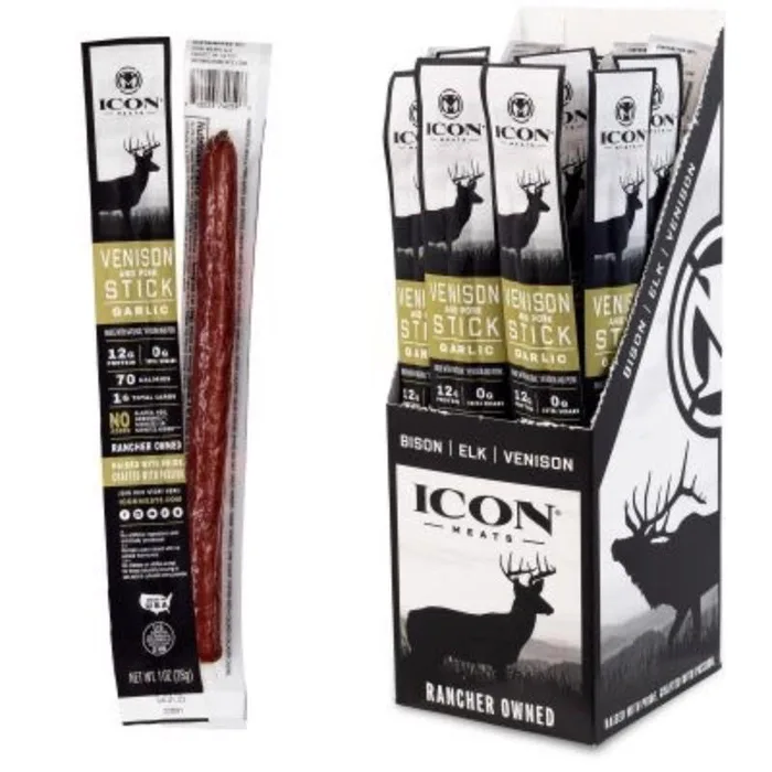 ICON Meats Venison & Pork Garlic Sticks 1 oz Pouch (Pack of 24)